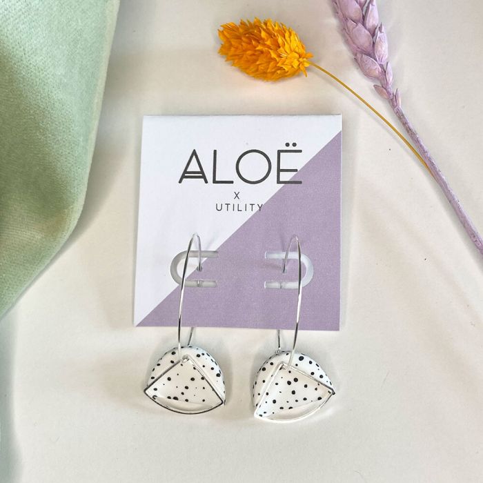 Aloë X Utility Silver Plated Dalmatian Fan Hoops with Silver Charm Earrings